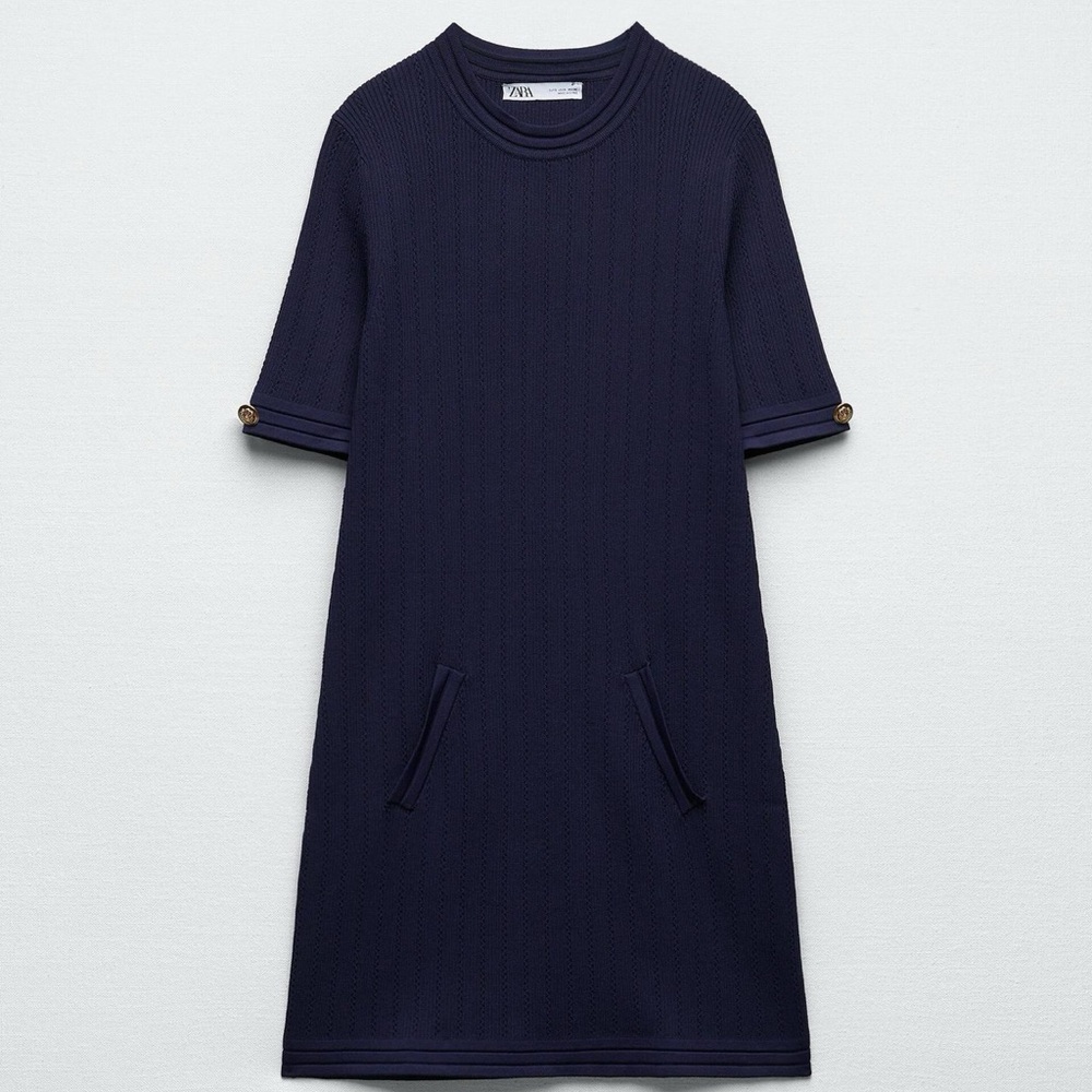 Zara Gold Button Knit Dress, Navy